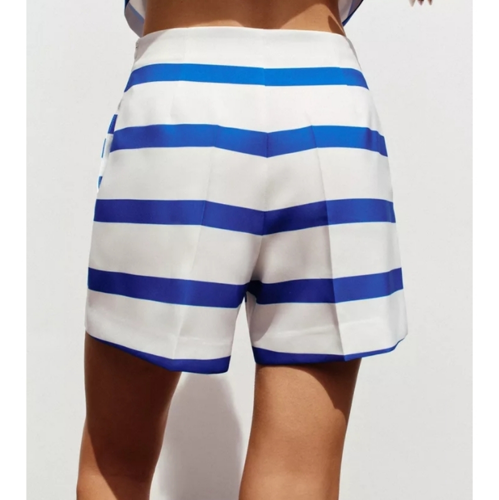 Zara  Blue and White Striped Pleated High Waist Shorts Sz-L - Picture 5 of 9